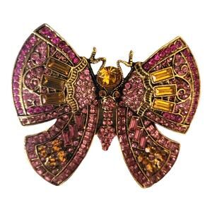 Antiqued Bronze Art Deco Butterfly Pink Gold Round and Baguette Crystal Brooch